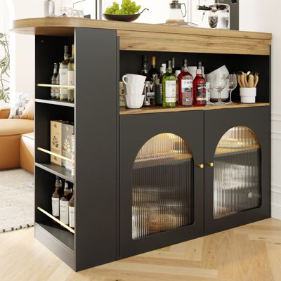 Table de bar extensible 138-193x39x105 cm avec rangements et bande LED - Noir