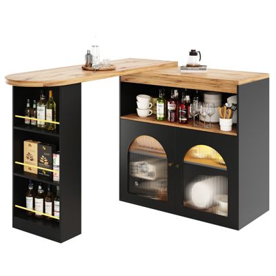 Table de bar extensible 138-193x39x105 cm avec rangements et bande LED - Noir