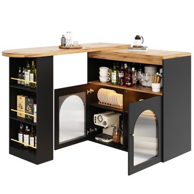 Table de bar extensible 138-193x39x105 cm avec rangements et bande LED - Noir