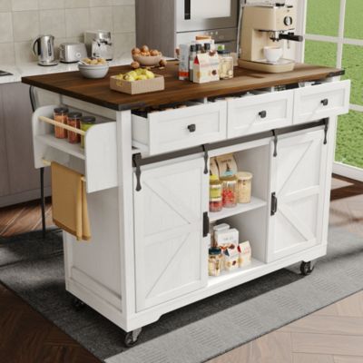 Table de Bar Extensible avec 2 Portes Coulissantes et 3 Tiroirs, Meuble Bar Multifonction sur Roulettes, Métal et MDF, Beige
