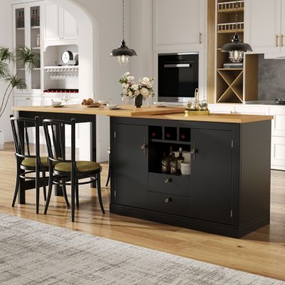 Table de Bar Extensible Pivotante avec Étagères Réglables et Poignées Métalliques - MDF - Noir/Naturel - 120-180x40x76 cm