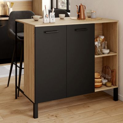 Ilot rotatif CINA meuble de bar pivotant 2 en 1 imitation hêtre et noir