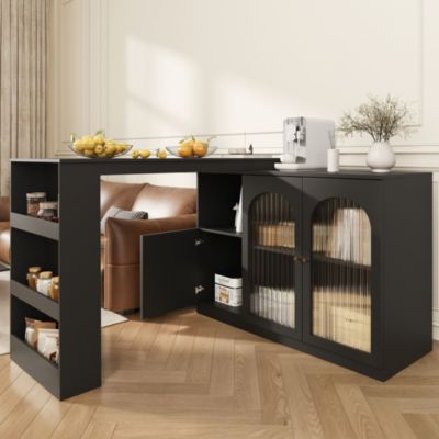 Table de Bar Pivotante avec Rangement Latéral et Vitrine en Verre Cannelé, Moderne pour Cuisine et Salon, MDF, Noir, 120x40x97 cm