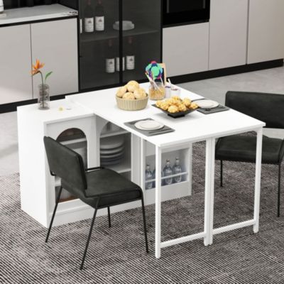 Table de Bar Pivotante avec Rangements Intégrés,Transformable en Table à Manger, Portes Vitrées - Blanc - 121x40x74.8 cm