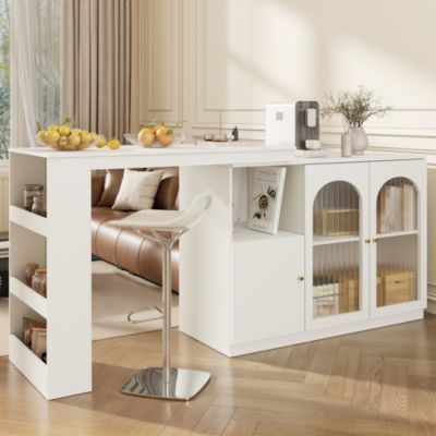 Table de Bar Pivotante Moderne avec Vitrine en Verre Cannelé et Rangement Latéral, Meuble Bar Blanc, MDF, 120x40x97 cm