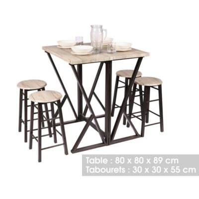 Table de bar pliante avec 4 tabourets design industriel Noir, L. 80 x l. 80 x H. 89 cm, DOCK