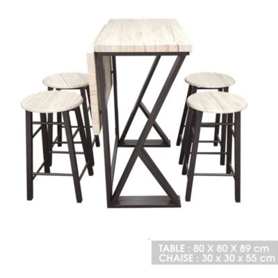 Table de bar pliante avec 4 tabourets design industriel Noir, L. 80 x l. 80 x H. 89 cm, DOCK