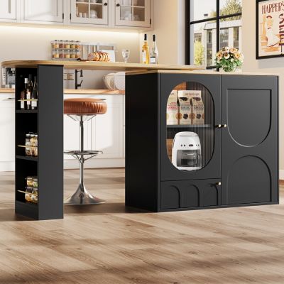 Table de bar rotative 360 degres - Statuario 138x39x105 cm - 3 portes - Rangement intérieur - Blanc Noir