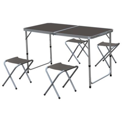 Table de camping + 4 tabourets gris Hespéride