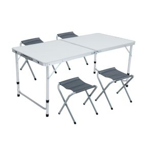 Table de Camping blanche avec 4 Chaises pliantes Grises, Dimensions : L120 x P60 x H70 cm