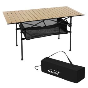 Table de camping pliante beige en aluminium 118x55x64,5 cm avec sac de transport