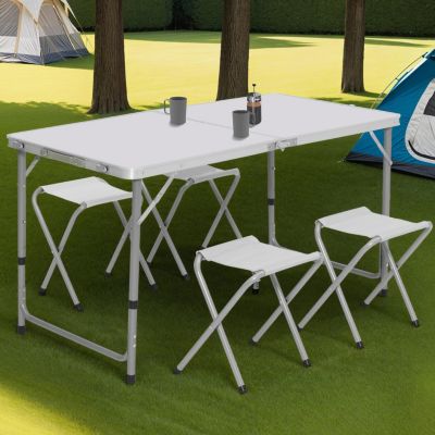Table de camping pliante d'appoint 120 cm réglable en hauteur et 4 tabourets blancs