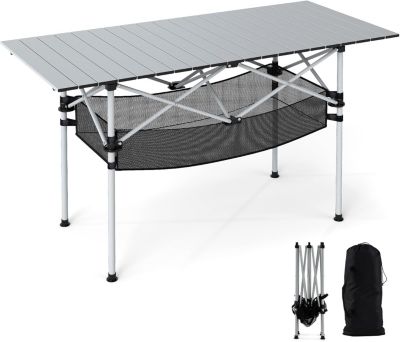 Table de Camping Pliante Extérieure avec Dessus. Ultra Legere, Sac Transport,Randonnée,119 x 55 x 69 CM, Max. 100 KG , Argenté