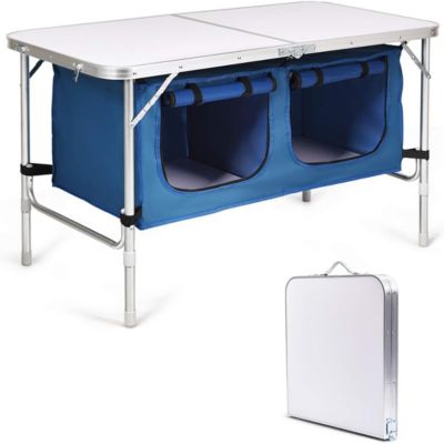 Table de Camping Pliante Table de Jaridn en Aluminium Pliable et Compacte - 2 Compartiments de Rangement, Bleu