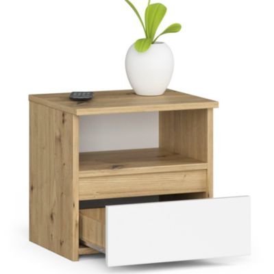 Table de chevet : 1 tiroir,  chêne artisanal/blanc, l: 40 cm, h: 40 cm, p: 35 cm.