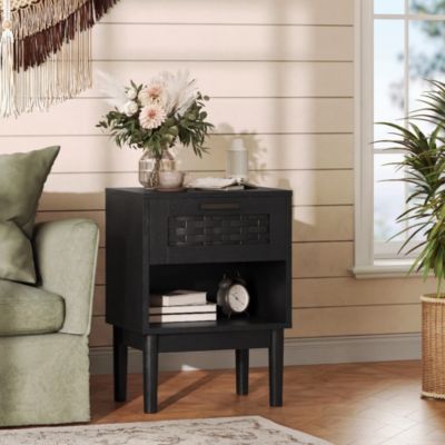 Table De Chevet 2 Pieces Noir 1 Tiroir Imitation Rotin Ouvert 40x30x55cm