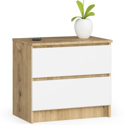 Table de chevet : 2 tiroirs,  chêne artisanal/blanc, l: 60 cm, h: 55 cm, p: 40 cm