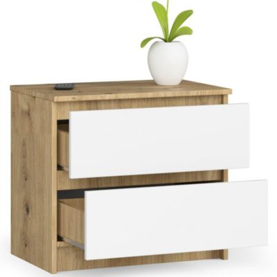 Table de chevet : 2 tiroirs,  chêne artisanal/blanc, l: 60 cm, h: 55 cm, p: 40 cm
