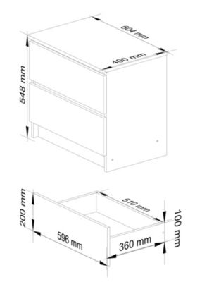 Table de chevet : 2 tiroirs,  chêne artisanal/blanc, l: 60 cm, h: 55 cm, p: 40 cm