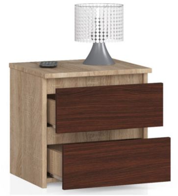 Table de chevet : 2 tiroirs,  chêne sonoma/wengé, l: 40 cm, h: 40 cm, p: 35 cm.