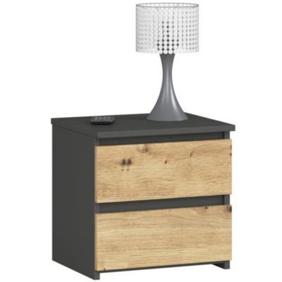 Table de chevet : 2 tiroirs,  gris graphite / chêne artisanal, l: 40 cm, h: 40 cm, p: 35 cm.