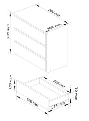 Table de chevet : 3 tiroirs,  blanc/blanc brillant, l: 60 cm, h: 57 cm, p: 35 cm