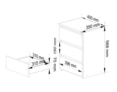 Table de chevet AKORD CL3 Blanche 40 cm 3 tiroirs façade Chêne Sonoma 40x35x57 cm