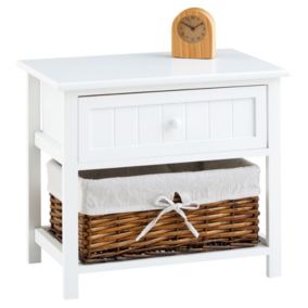 Table de chevet AKURE table de nuit en bois lasuré blanc avec 1 tiroir et 1 panier en osier et insert en tissu blanc