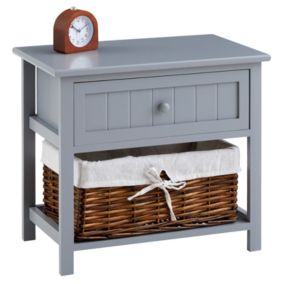 Table de chevet AKURE table de nuit en bois lasuré gris avec 1 tiroir et 1 panier en osier et insert en tissu blanc