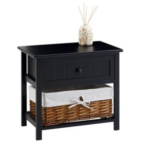 Table de chevet AKURE table de nuit en bois lasuré noir avec 1 tiroir et 1 panier en osier et insert en tissu blanc