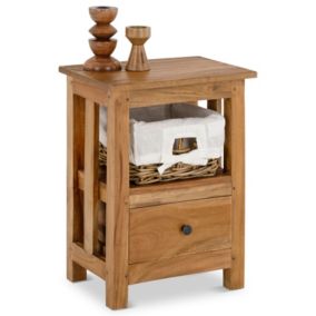 Table de chevet BAVELLA H 51 cm, avec 1 tiroir et 1 panier en rotin, en acajou de coloris rustique
