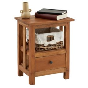 Table de chevet BAVELLA L 40 cm, avec 1 tiroir et 1 panier en rotin, en acajou finition naturelle