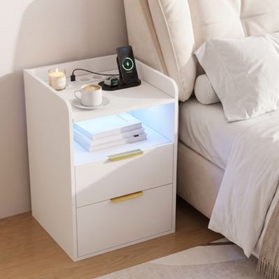 Table de chevet blanche 2 tiroirs avec tiroir caché, éclairage LED RGB et station de charge, table d'appoint moderne 40x40x60cm