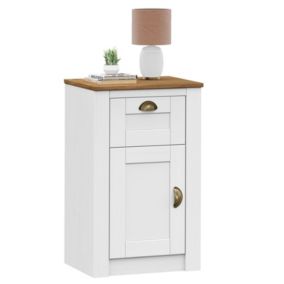Table de chevet BOLTON table de nuit avec 1 tiroir et 1 porte, style classique, en pin massif lasuré blanc et brun