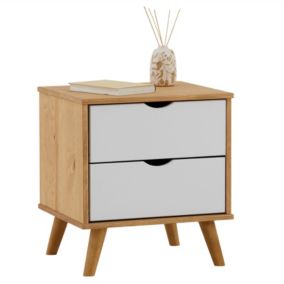 Table de chevet COLIMA en pin massif avec 2 tiroirs, table de nuit en bois sur pieds coloris blanc et naturel
