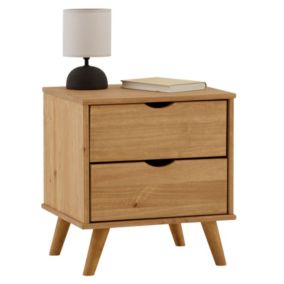 Table de chevet COLIMA en pin massif avec 2 tiroirs, table de nuit en bois sur pieds coloris naturel