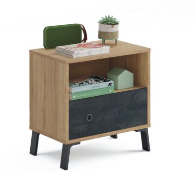 Table de chevet coloris chêne doré / imitation marbre - Hauteur 52 x Longueur 50 x Profondeur 35 cm
