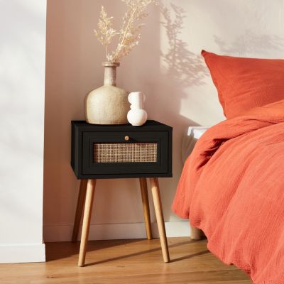 Table de chevet décor bois & cannage avec 1 tiroir - coloris noir - Bohème