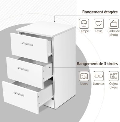 Table de Chevet en Bois Massif Table de Nuit avec 3 Tiroirs de Rangement Style Simple et Elégant