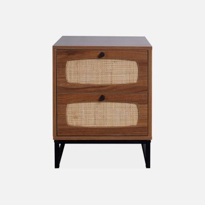 Table de chevet en décor bois et cannage avec pieds et poignées en métal noir