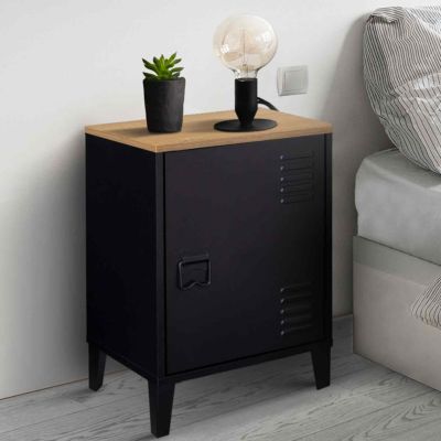 Table de chevet ESTER 1 porte métal noir plateau façon hêtre design industriel