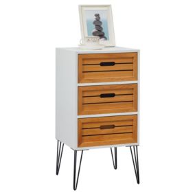 Table de chevet ESTORIL meuble de nuit avec 3 tiroirs de coloris blanc et bois naturel avec pieds épingle en métal noir