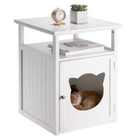 Table de chevet GATO petite commode avec un espace nid pour chat, en MDF lasuré de coloris blanc