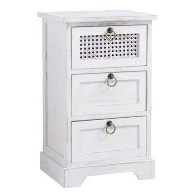 Table de chevet IRMA petite commode de nuit avec 3 tiroirs, en bois paulownia blanc style shabby chic vintage bohême déco en rotin