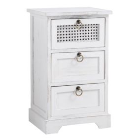 Table de chevet IRMA petite commode de nuit avec 3 tiroirs, en bois paulownia blanc style shabby chic vintage bohême déco en rotin