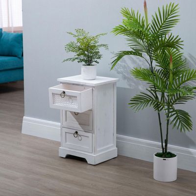 Table de chevet IRMA petite commode de nuit avec 3 tiroirs, en bois paulownia blanc style shabby chic vintage bohême déco en rotin