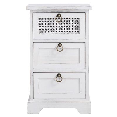 Table de chevet IRMA petite commode de nuit avec 3 tiroirs, en bois paulownia blanc style shabby chic vintage bohême déco en rotin