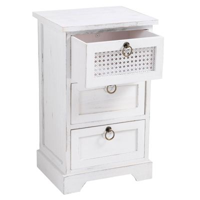 Table de chevet IRMA petite commode de nuit avec 3 tiroirs, en bois paulownia blanc style shabby chic vintage bohême déco en rotin