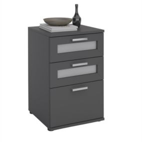 Table de chevet JESSY, table de nuit hauteur 60 cm avec 3 tiroirs 2 inserts vitrés, pour lit boxspring, en mélaminé gris mat