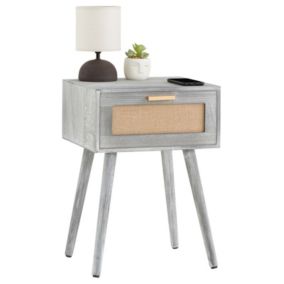 Table de chevet KIRAN 1 tiroir, table de nuit design vintage en bois gris et lin